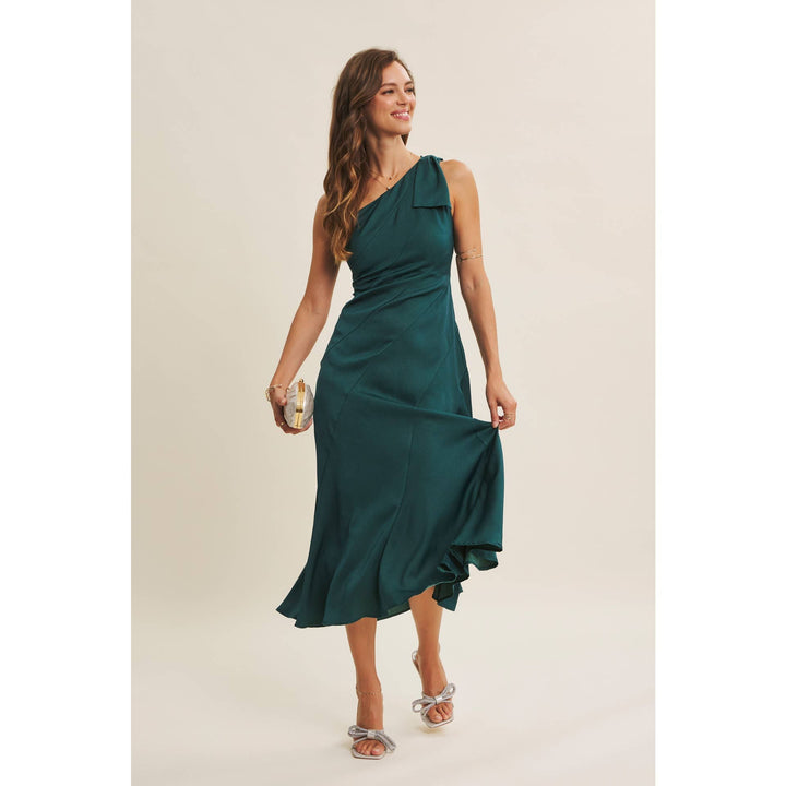 Holiday Glam One-Shoulder Midi Dress with Slanted Seamwork