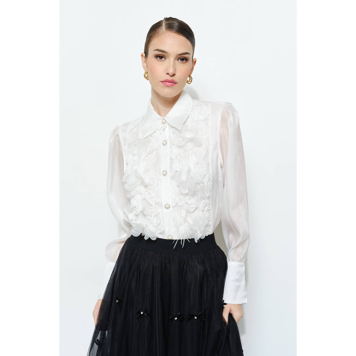 Elegant 3D Floral Organza Long Sleeve Blouse
