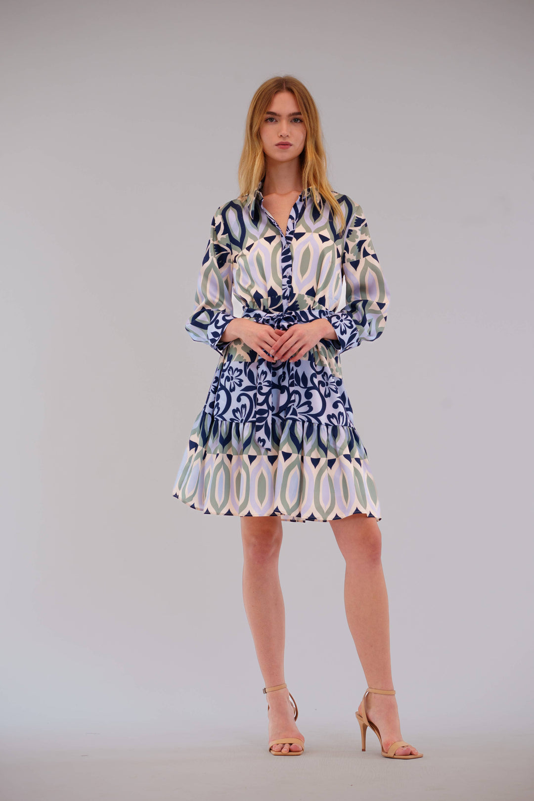 3/4 Sleeve Collared Shirt Dress W/Bottom Ruffle
