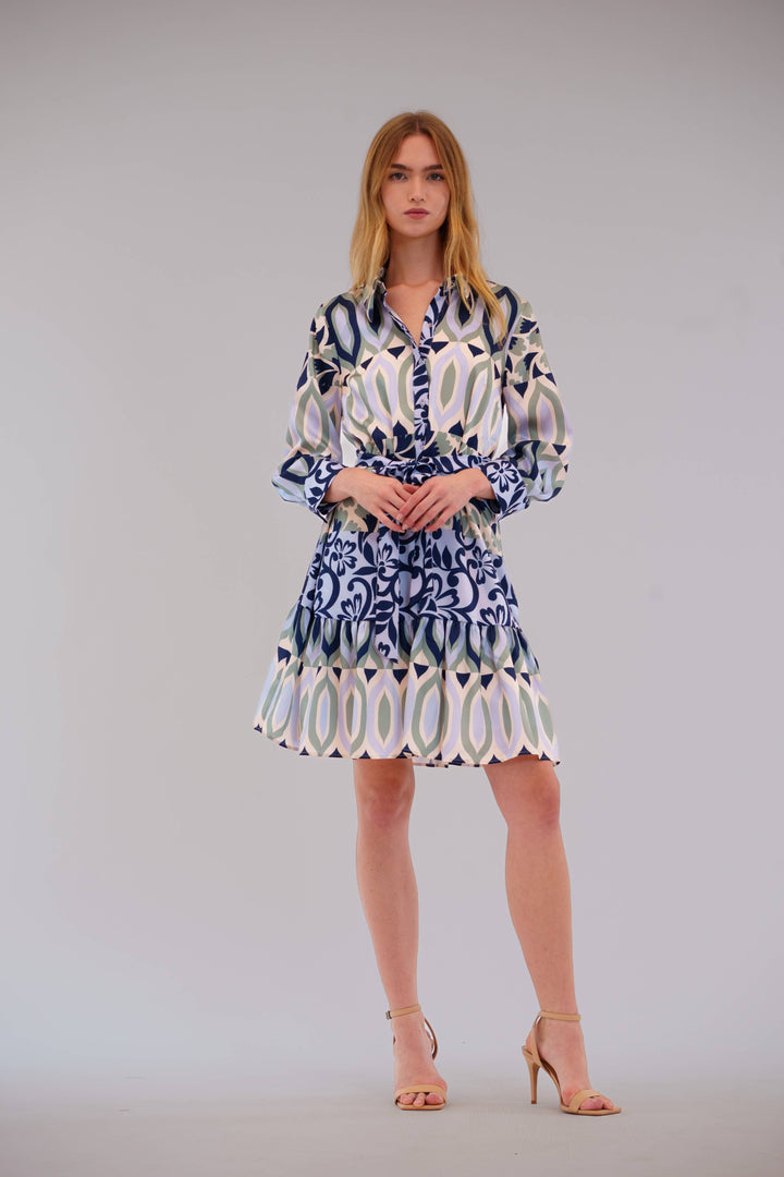 3/4 Sleeve Collared Shirt Dress W/Bottom Ruffle