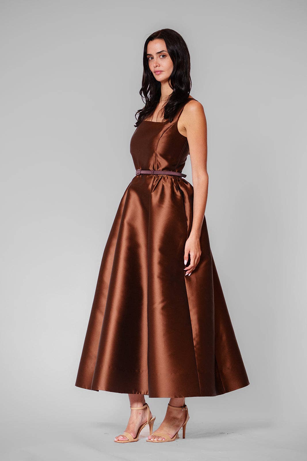 Sleeveless Square Neck Midi Dress w/Velvet Belt