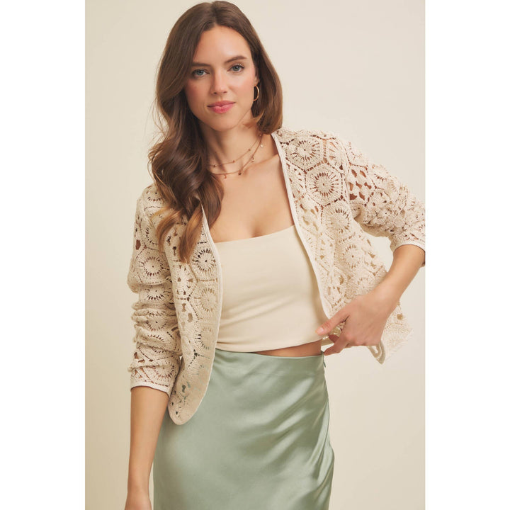 Open-Front Cotton Crochet Lightweight Cardigan
