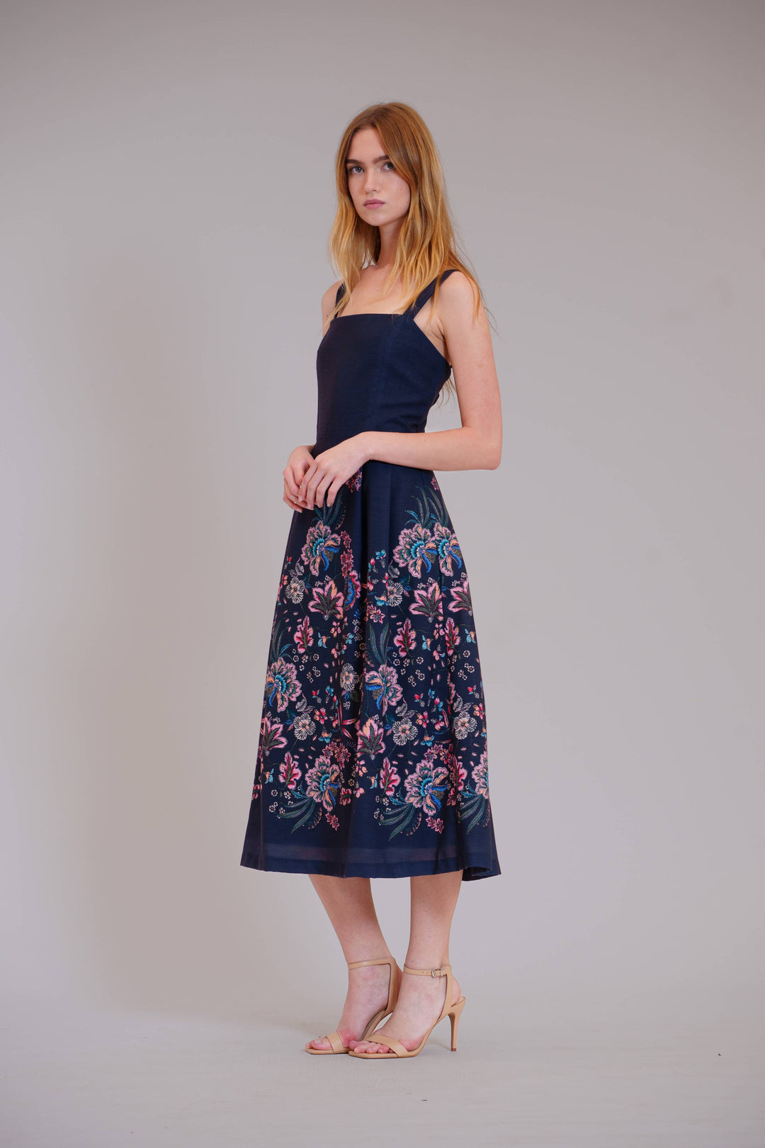 Square Neck Midi Dress w/Box Pleated Skirt
