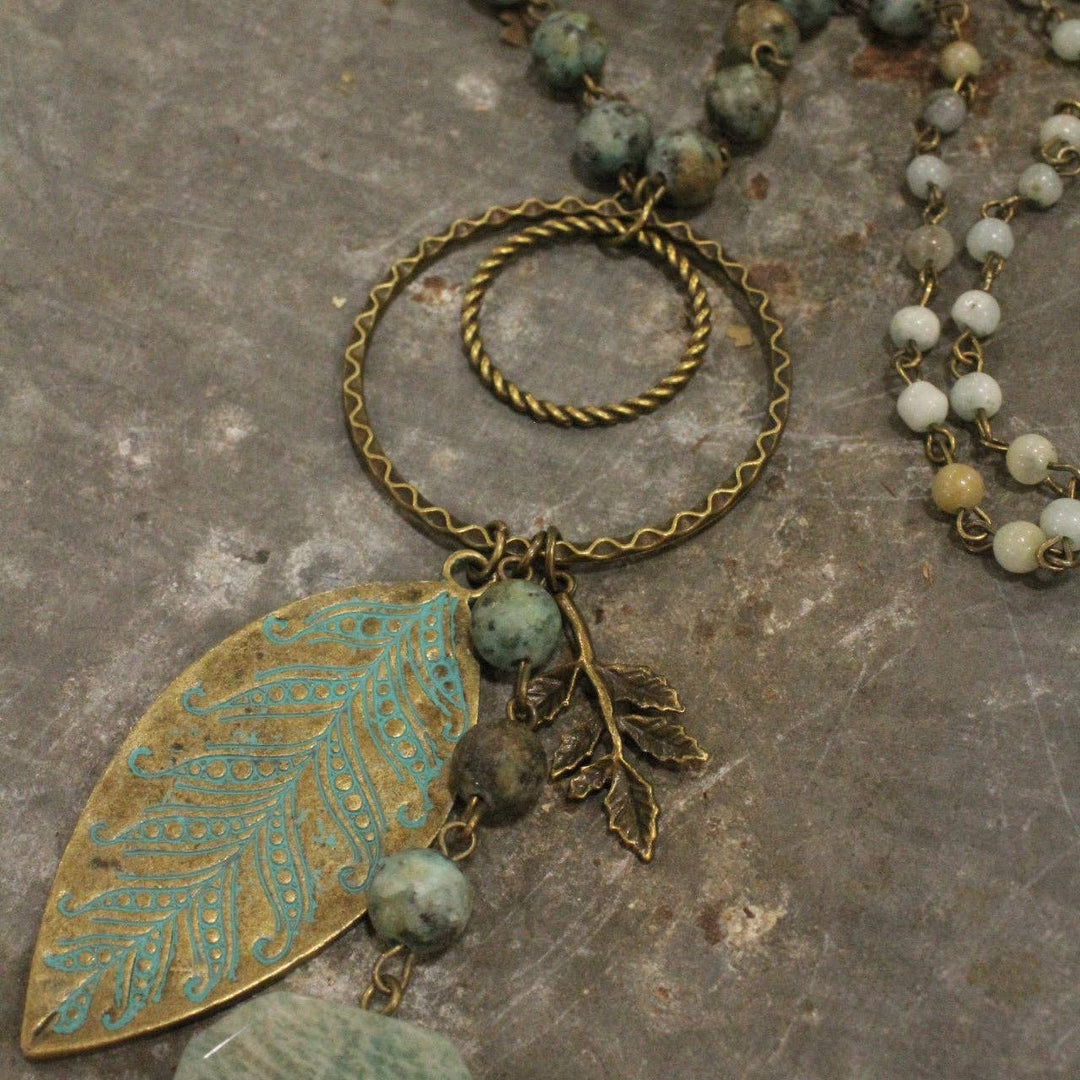 Verdigris Leaf & Beaded Stone Pendant Drop Necklace