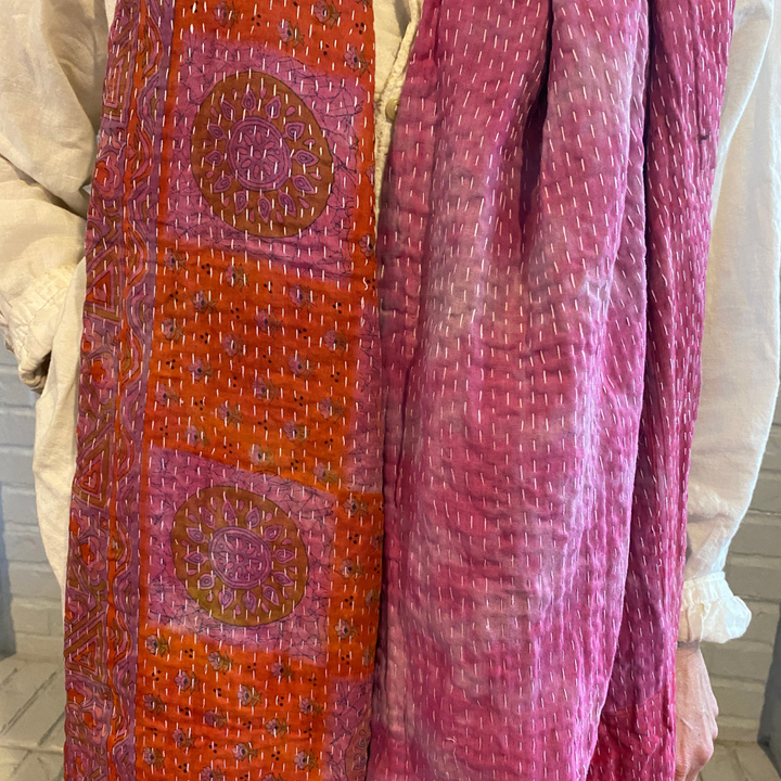 Pink and Red Kantha Scarf - Recycled Sarees