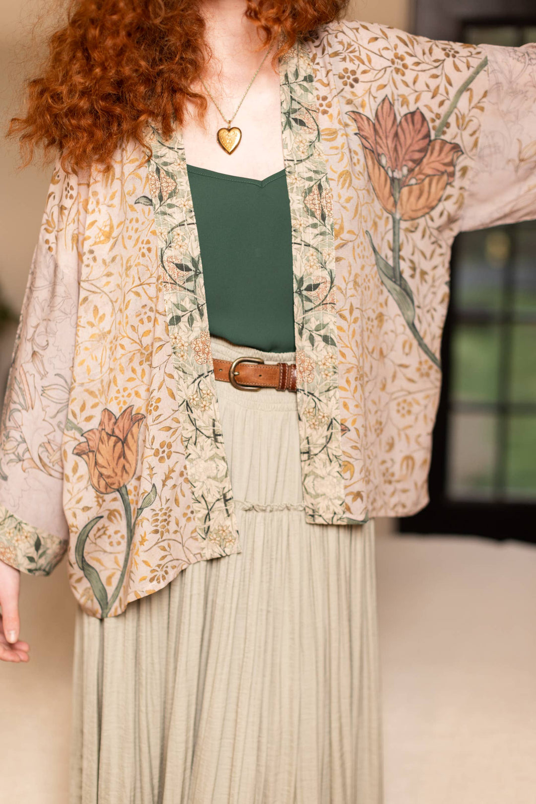 Folklore Bamboo Floral Cropped Kimono with Bird of Peace