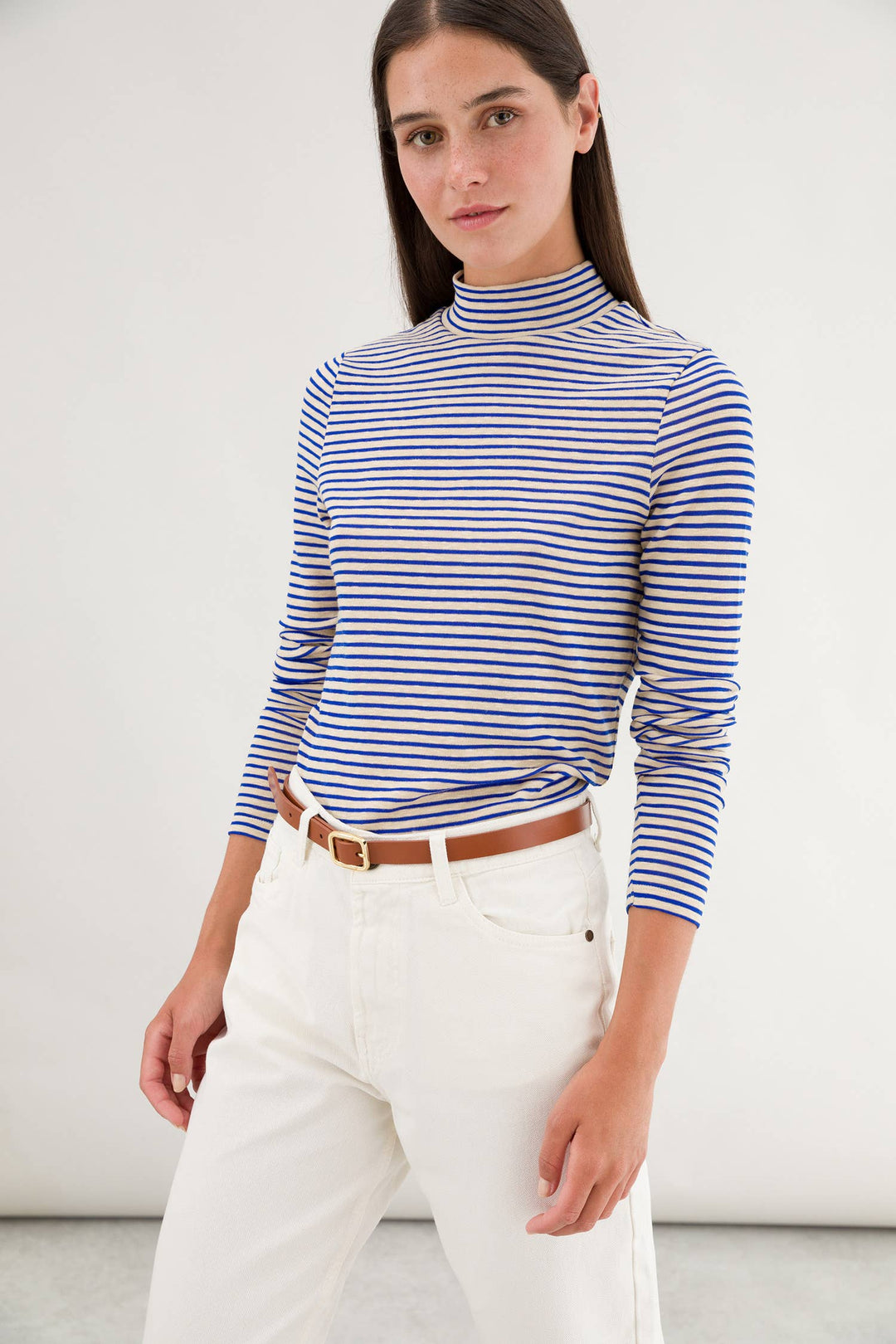 Striped T-Shirt with High Collar - Tan and Blue Sparkle