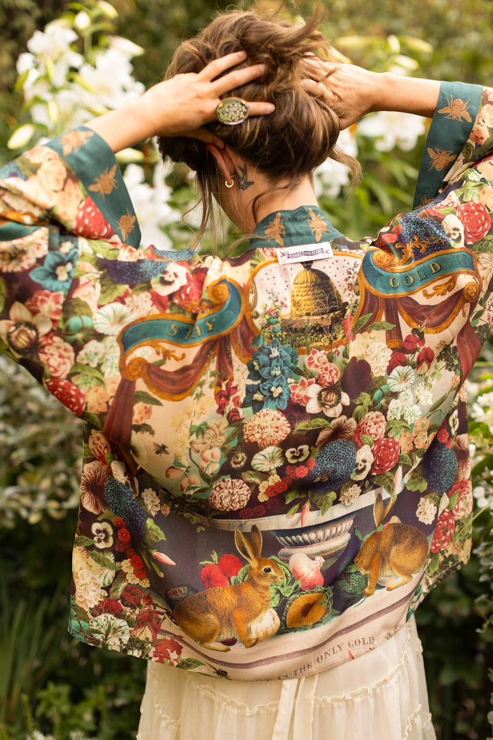 Stay Gold Pixie Duster Cropped Kimono w/ Rabbits and Bees