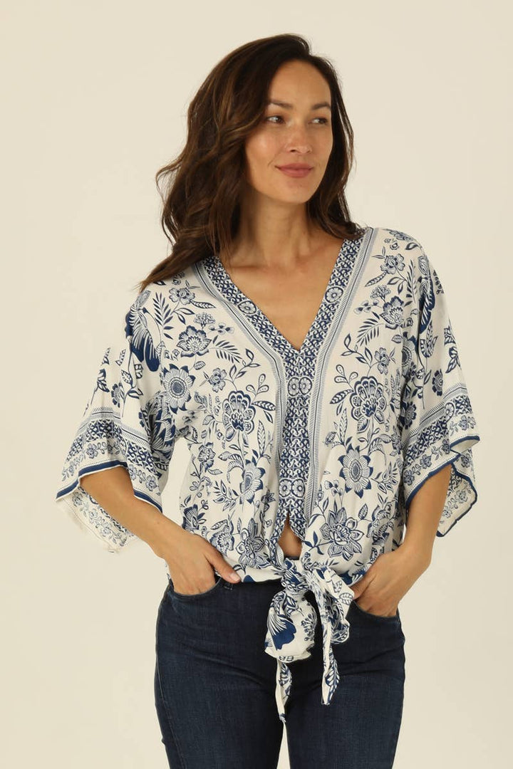 V Neck Kimono Sleeve Tie Waist Blouse