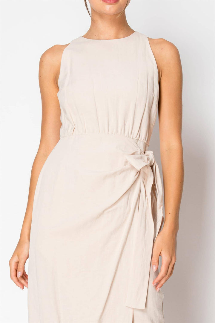Sleeveless Round Neck Tie-Front Draped Midi Dress