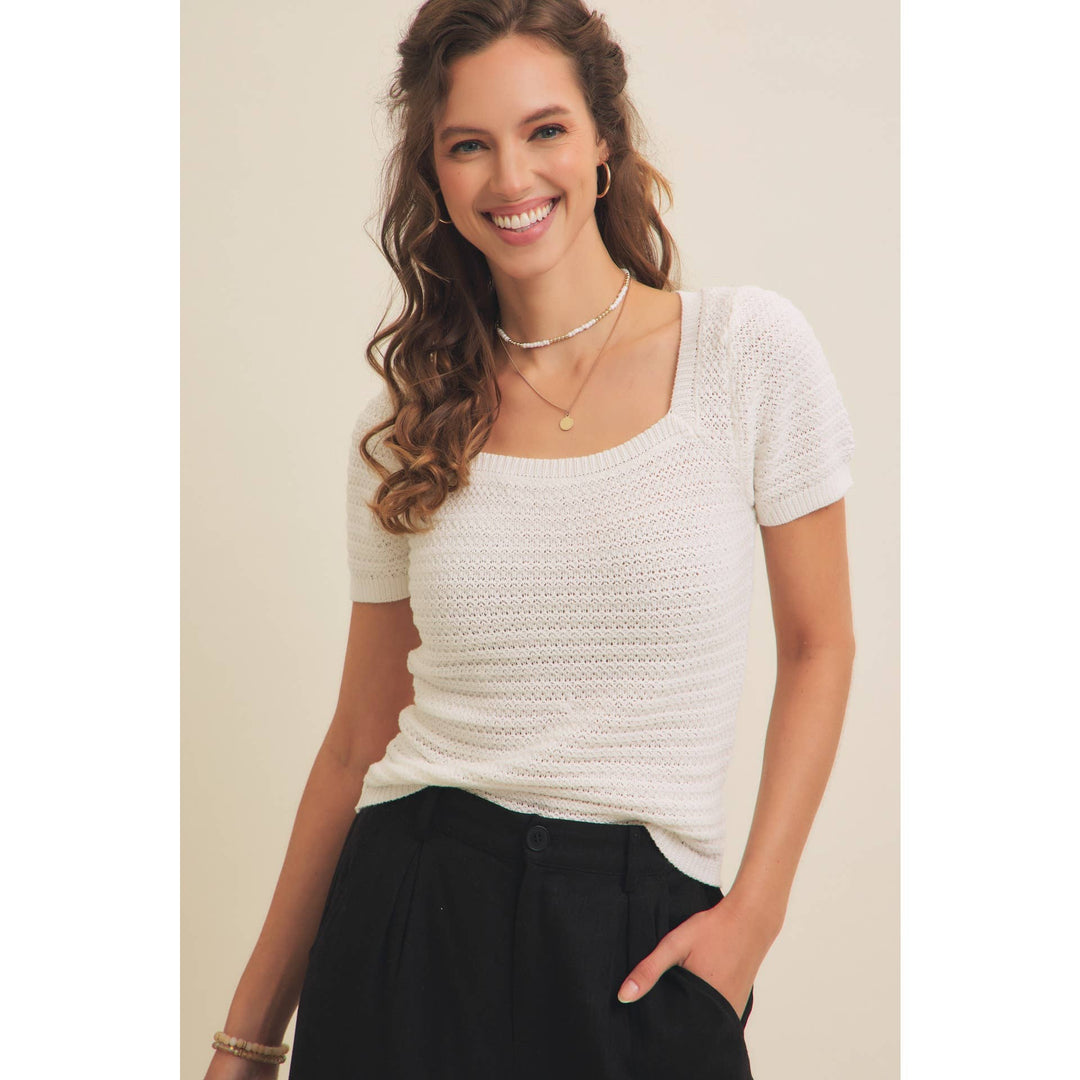 Square Neck Cotton Sweater with Special Weaving