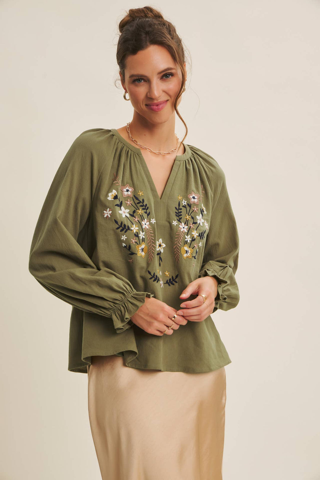 Warmth of Fall Bohemian Embroidered Flare Cotton Blouse Top