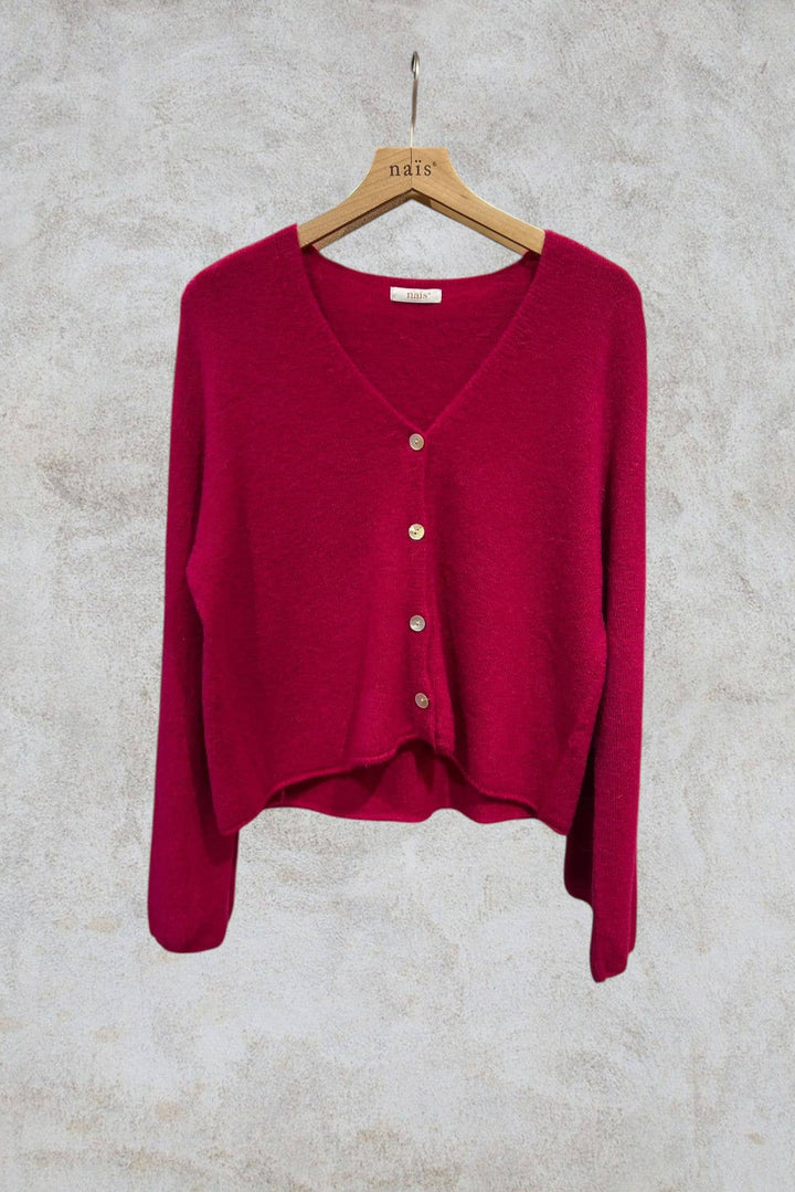 Short buttoned V-neck Cardigan in Alpaca and Wool