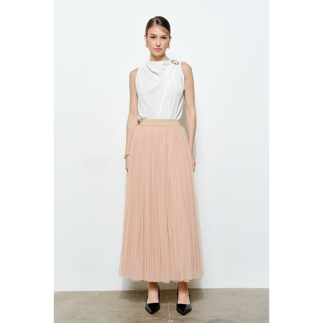 Chic Mesh Sheer Pleated Tulle Maxi Skirt