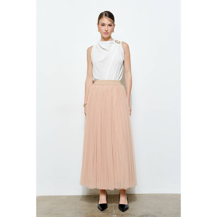 Chic Mesh Sheer Pleated Tulle Maxi Skirt