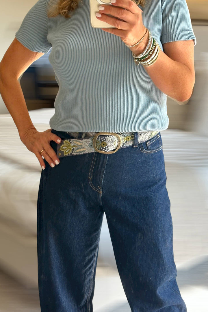 Slate Meadow - Hand Embroidered Floral Wool Peruvian Belt