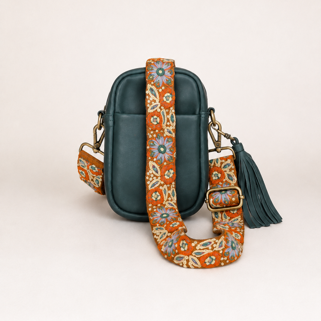 Sol Cell Phone Leather Bag with Embroidered Strap