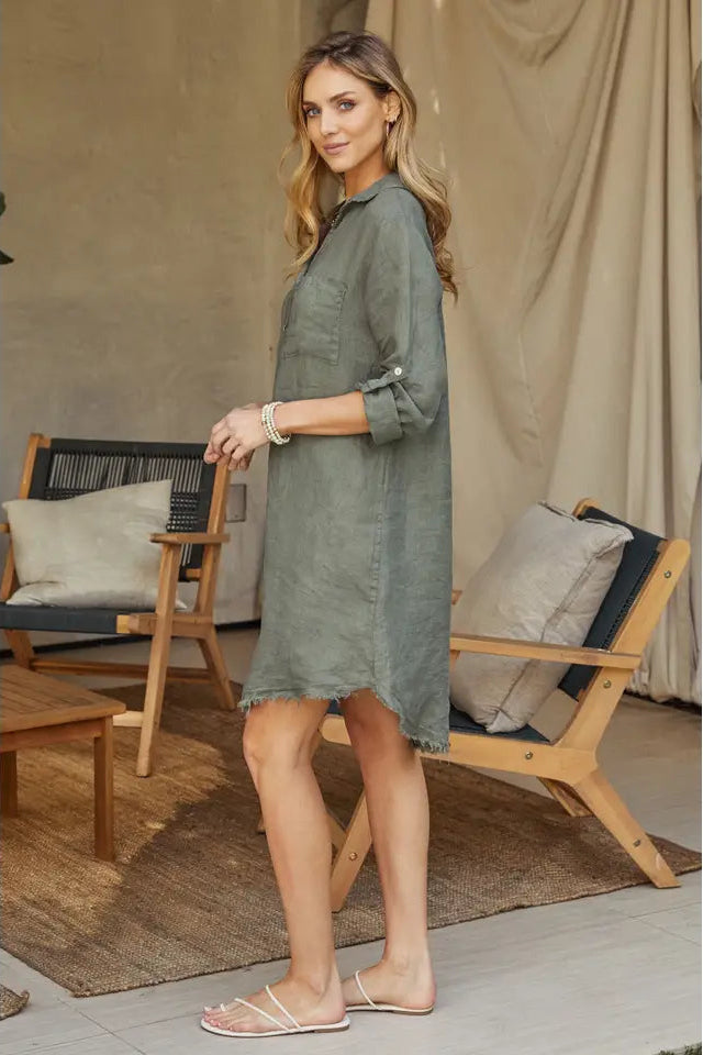 Linen Roll Tab Button Down Dress