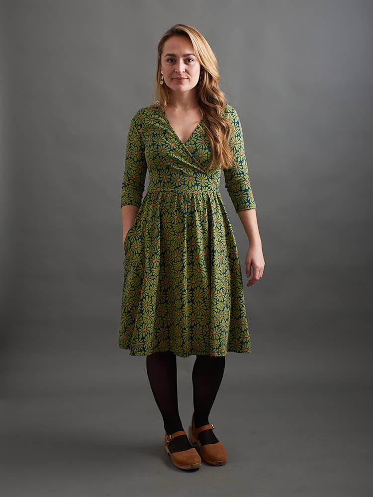 Callie Long Sleeve Wrap Dress Olive Floral