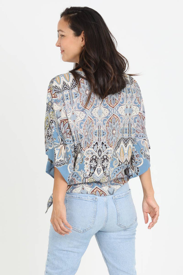 V Neck Kimono Sleeve Tie Waist Blouse