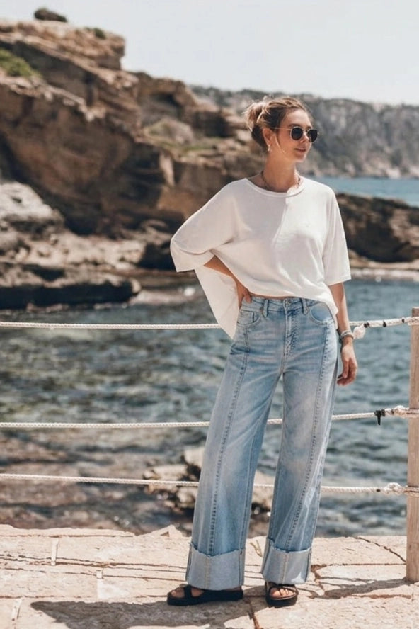 Front Hem Detailing Mid Rise Baggy Wide Leg Jean