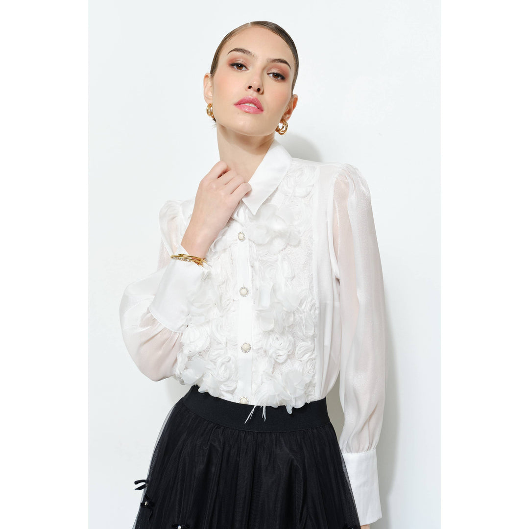 Elegant 3D Floral Organza Long Sleeve Blouse