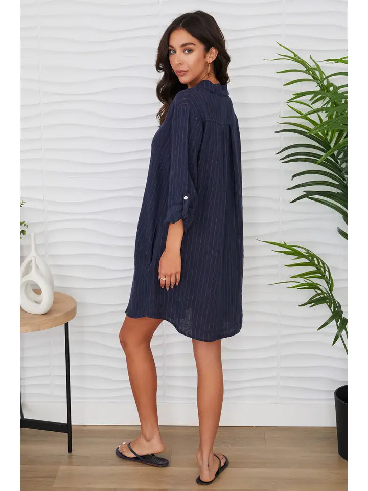Linen Pinstripe Shirt Dress