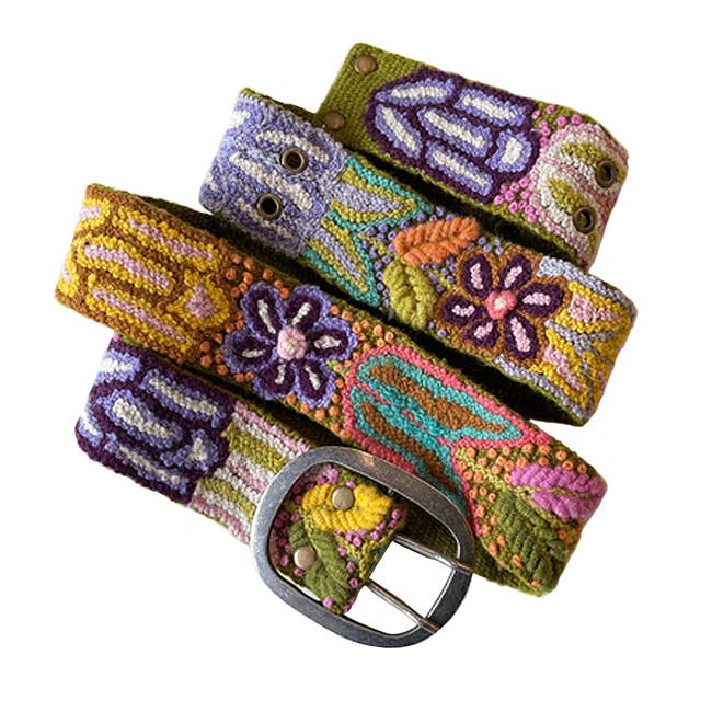 Folklorica Floral Embroidered Wool Belt, Olive