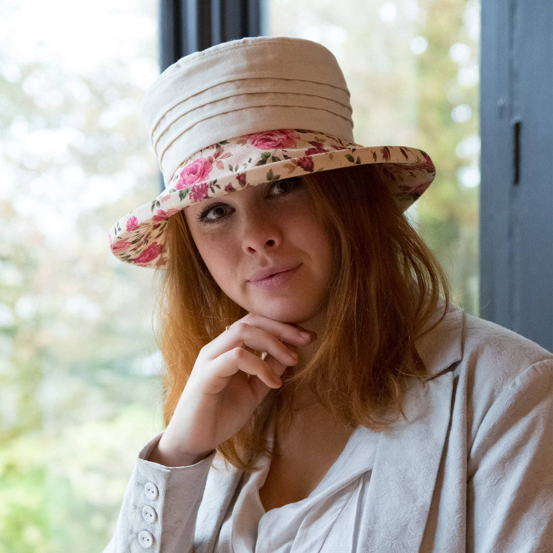 Floral Boned Brim with Cream Top and Pintuck Detail