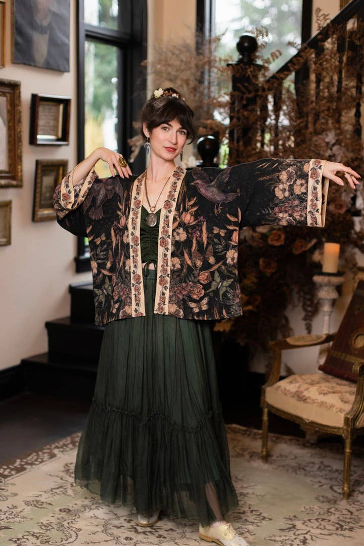 Momento Pixie Duster Crop Kimono w/ Floral, Starling & Skull
