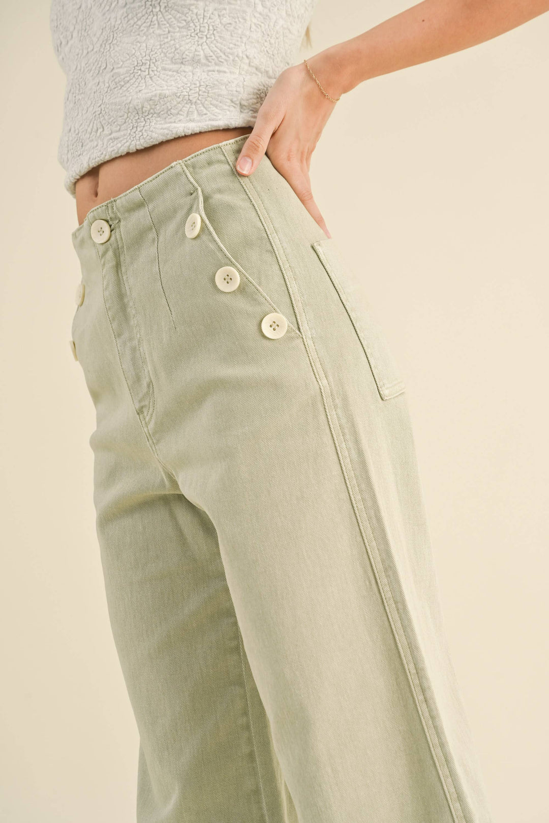 Washed Cotton Button Detailed Pants