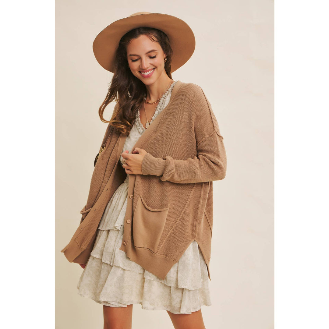 Slouchy Charm Button-Down Cardigan With Contrast Weave