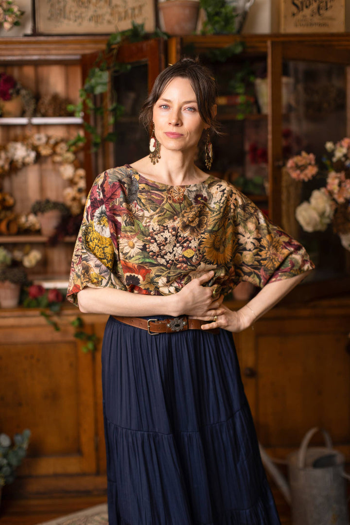 Golden Hour Luxe Tee Floral Tunic Shirt with Swallow