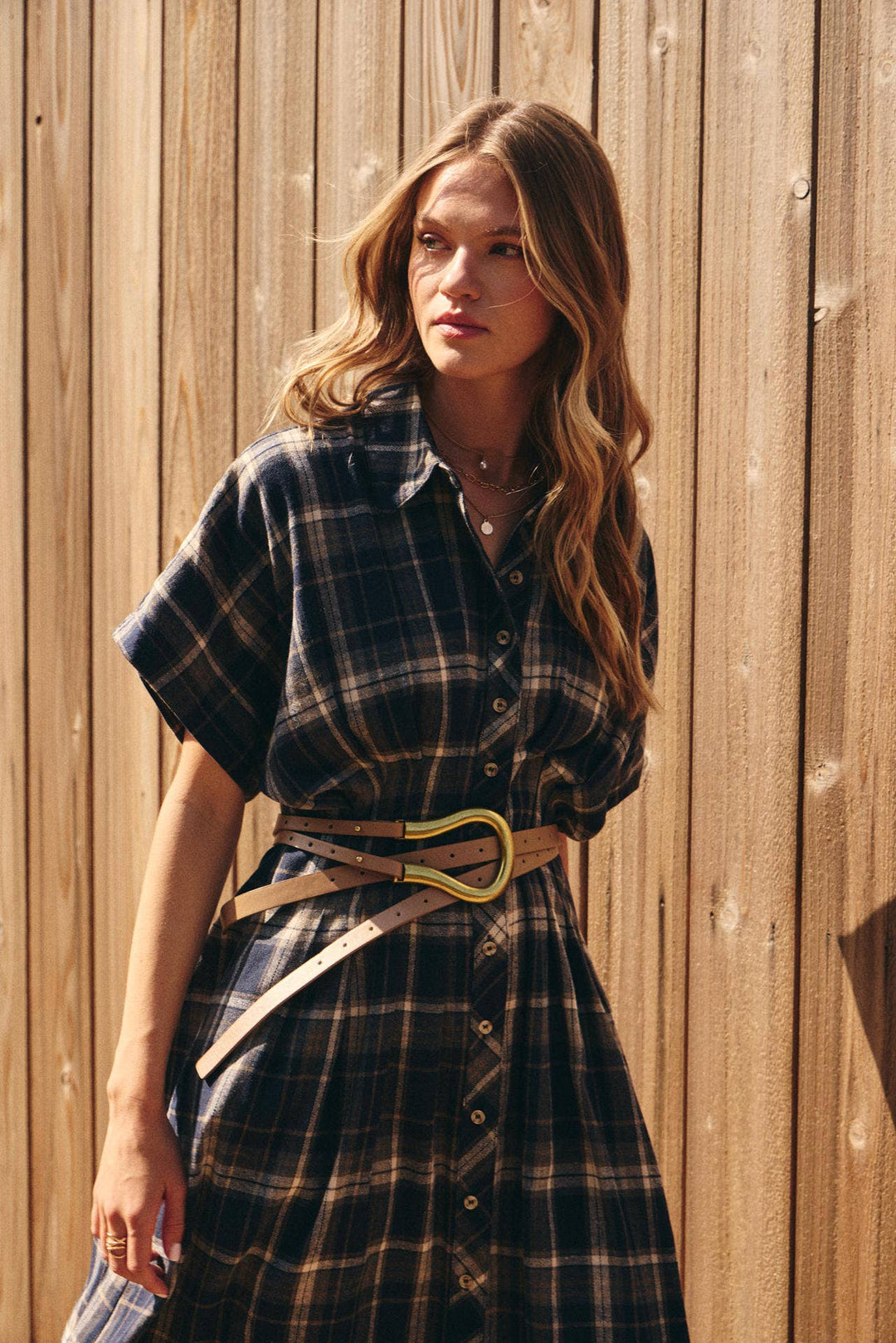 Rustic Pathway Pin-Tucked Waist Plaid Transition Dress