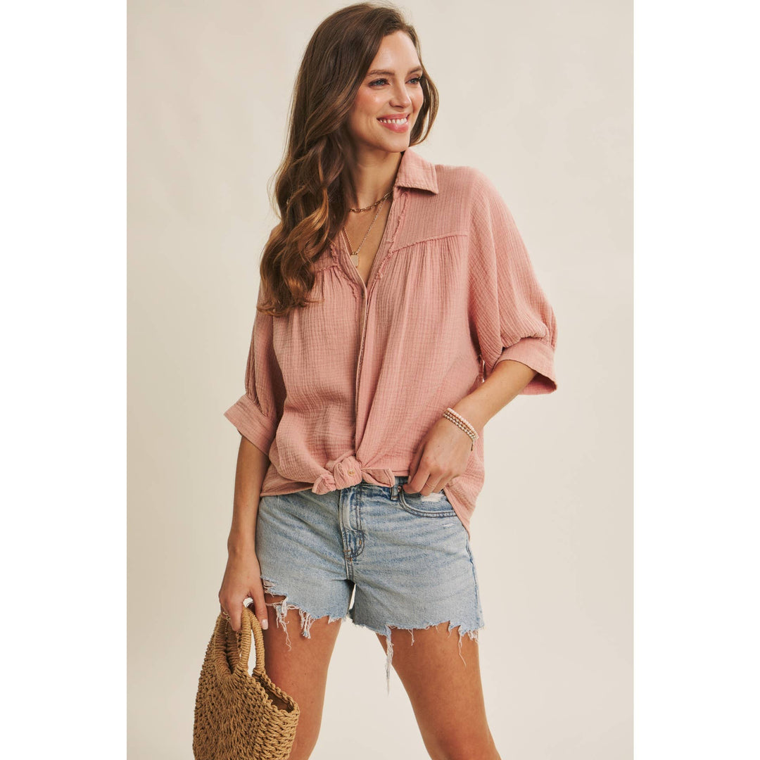 Breathable Mineral Washed Cotton Gauze Button Down Shirt