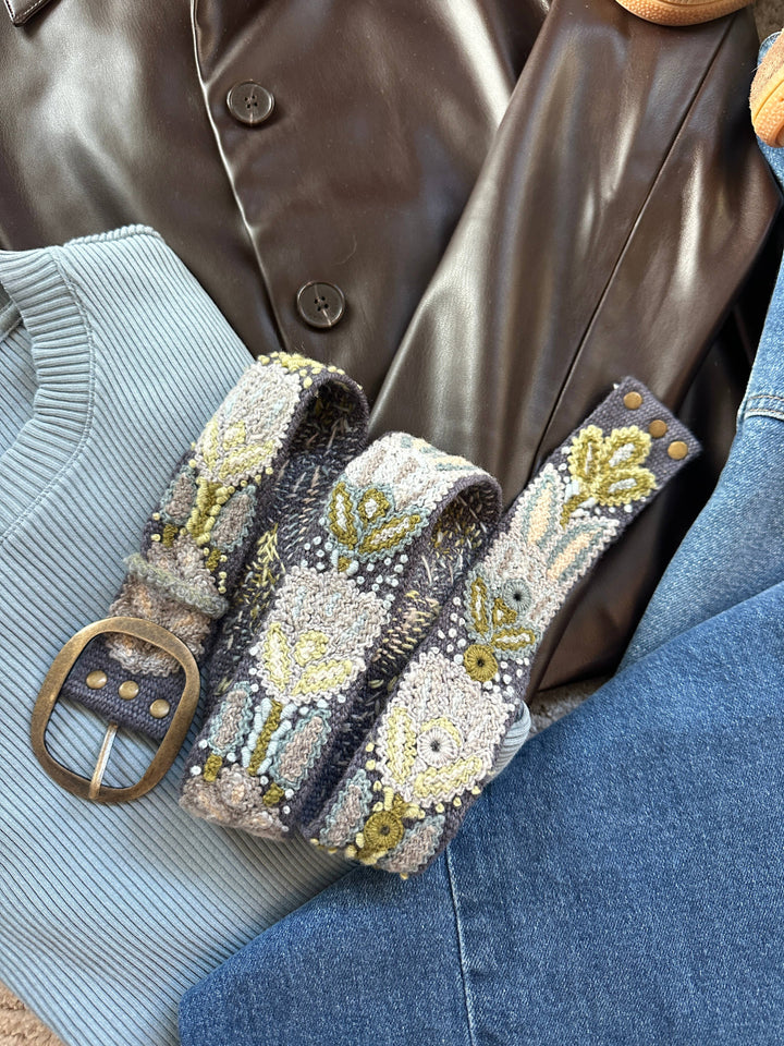 Slate Meadow - Hand Embroidered Floral Wool Peruvian Belt