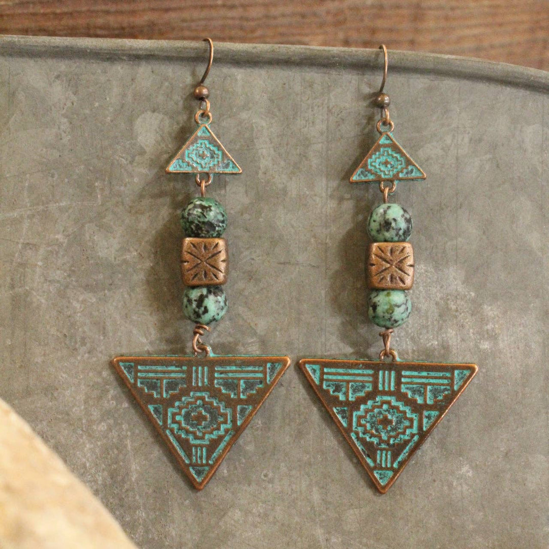 Verdigris Gypsy Tribal Pattern Jade Copper Dangle Earrings