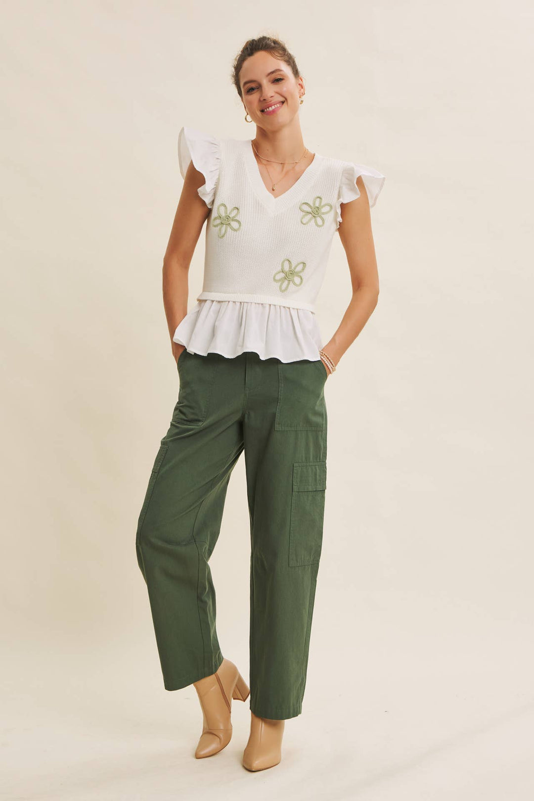 Easy to Love Embroidery Ruffle-Sleeve Mixed Sweater Top