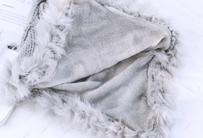 Winter Pompom Beanie Cable Knit Hat with Faux Fur Tie