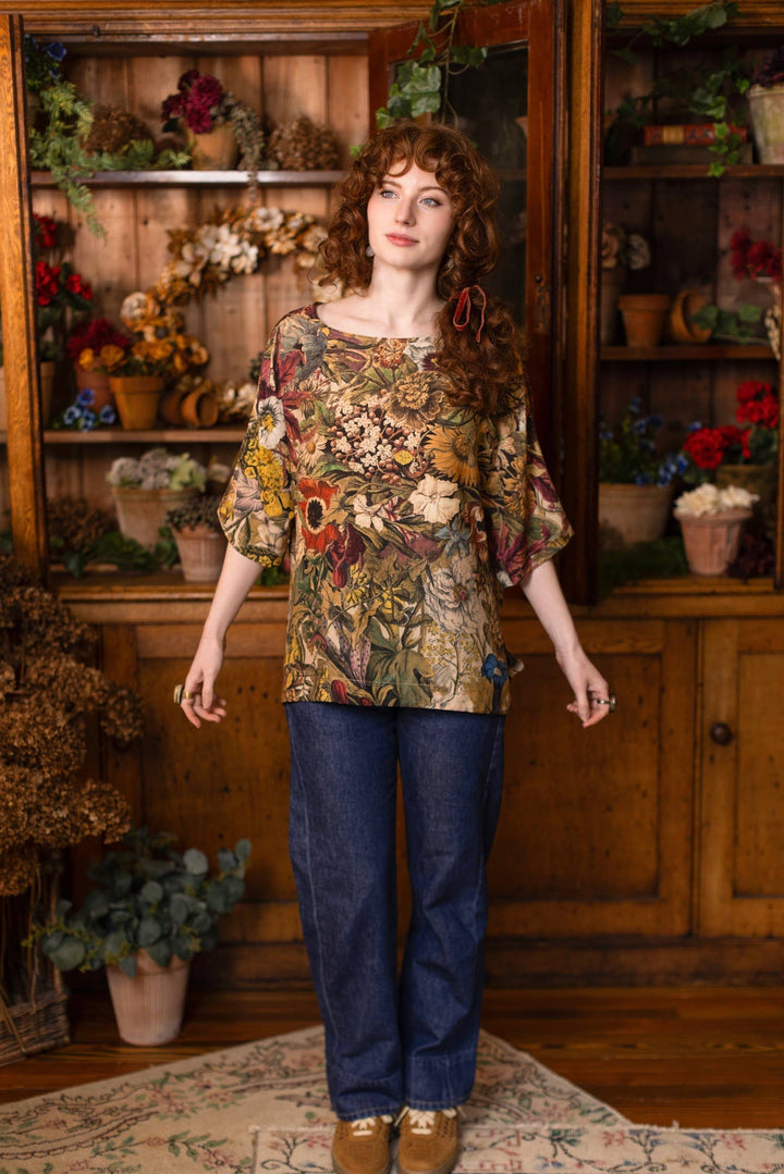 Golden Hour Luxe Tee Floral Tunic Shirt with Swallow