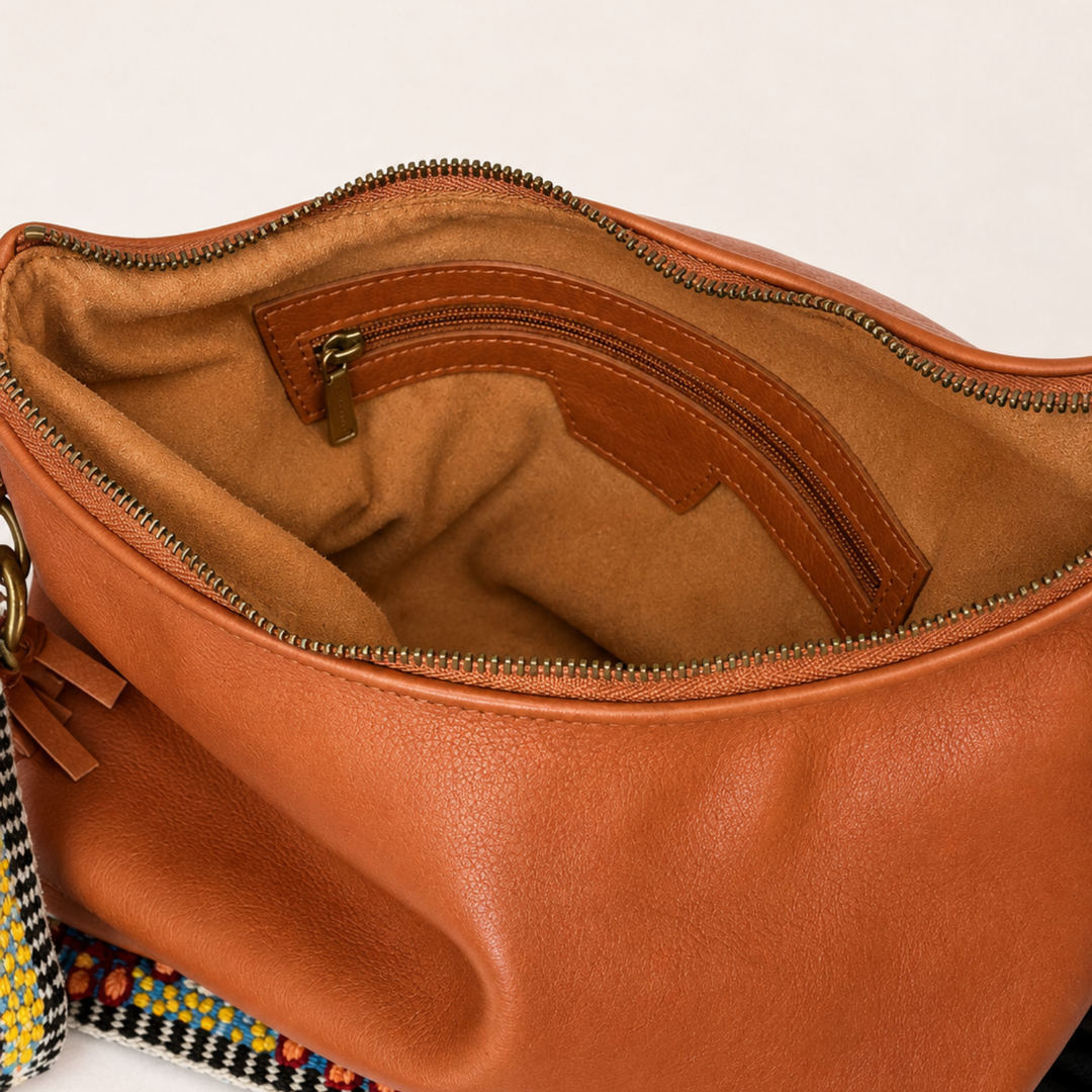 Tierra y Cielo Boho Leather Crossbody with Embroidered Strap