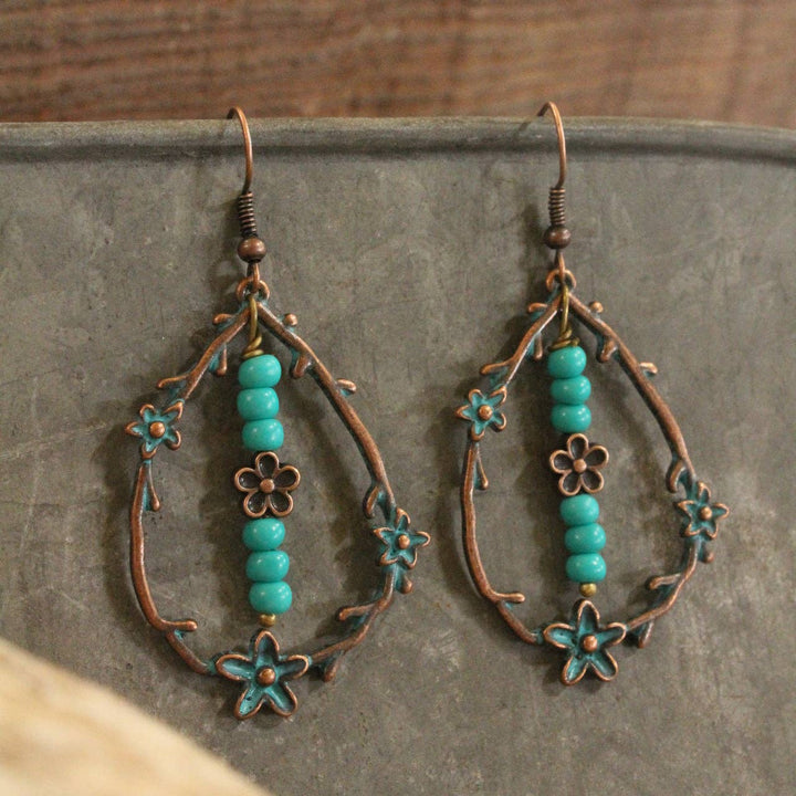 Verdigris Gypsy Deep Turquoise Copper Floral Earrings