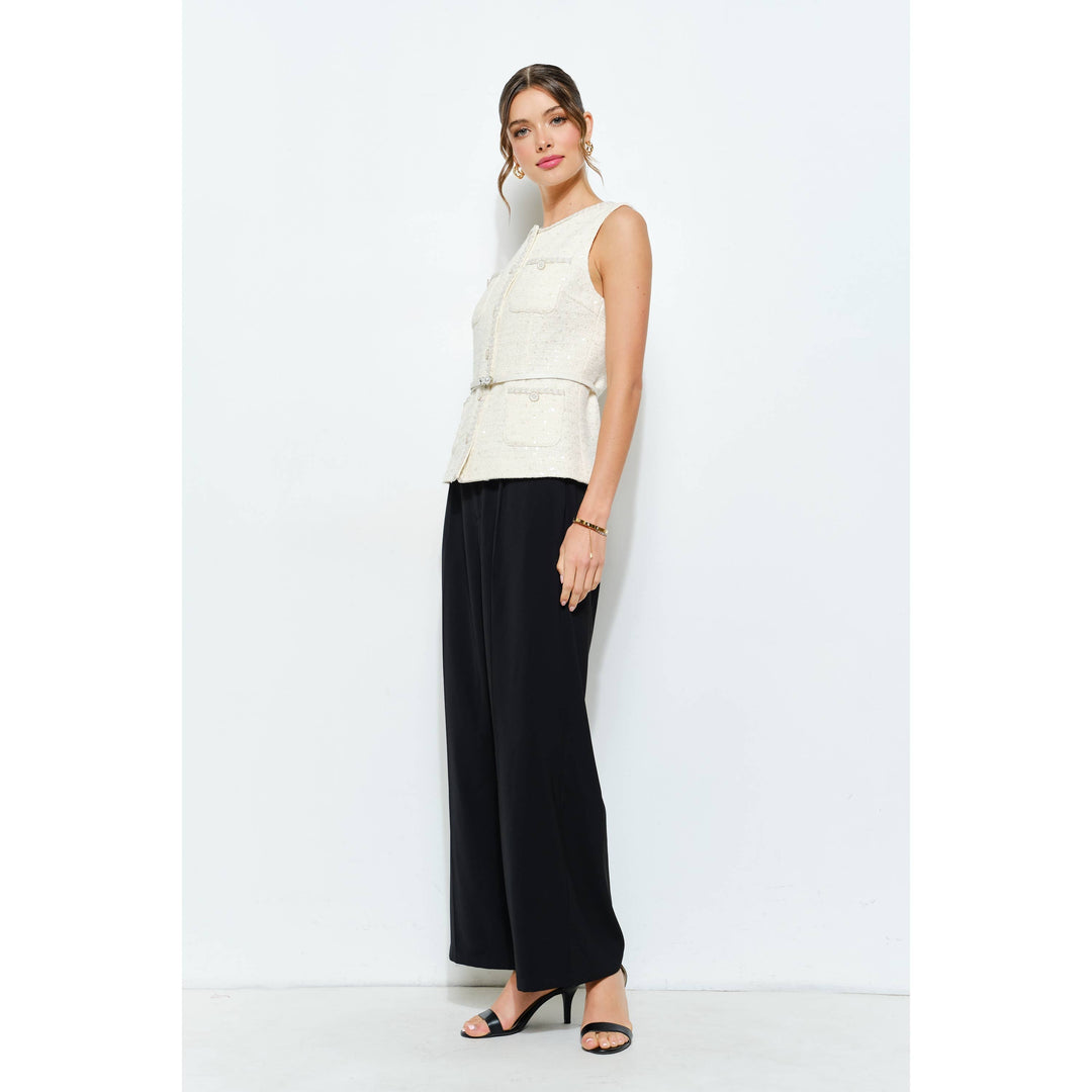 Belted Sequin Tweed Sleeveless Top