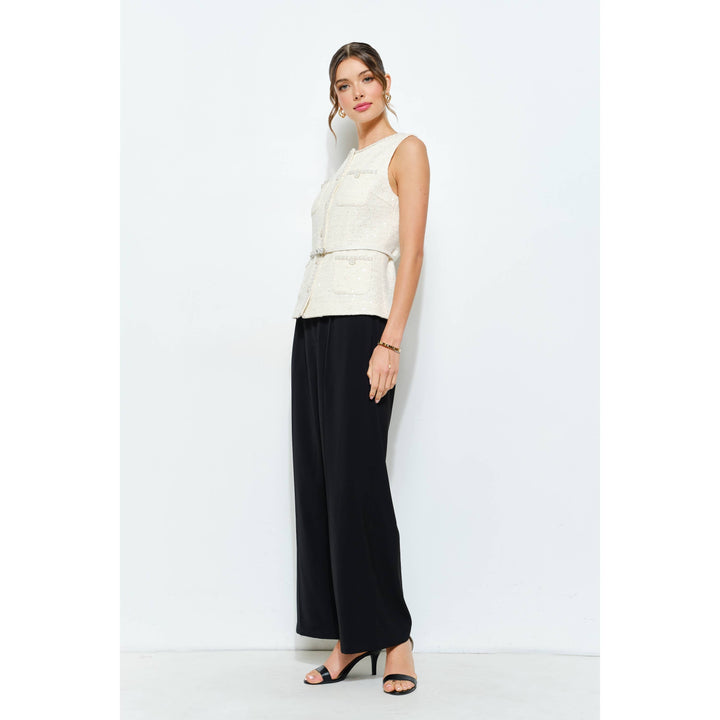 Belted Sequin Tweed Sleeveless Top