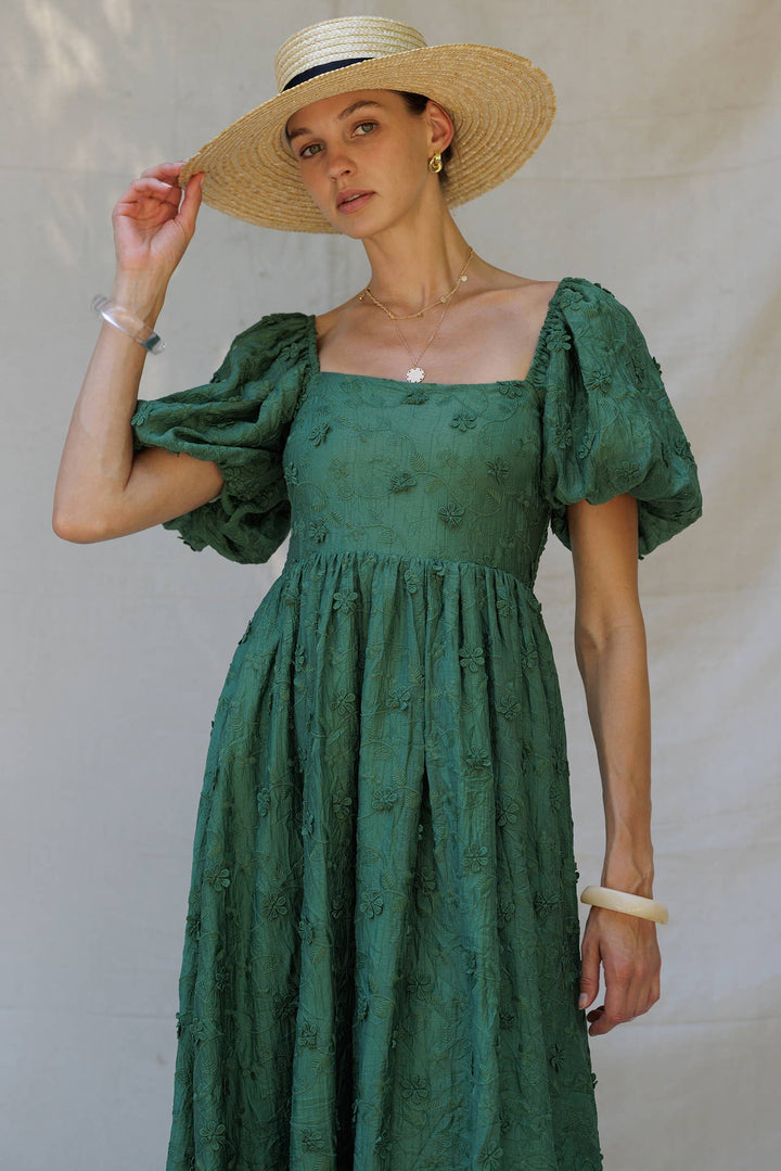 Embroidered Puff-Sleeve Midi Dress