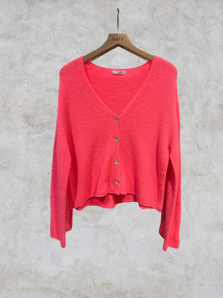 Short buttoned V-neck Cardigan in Alpaca and Wool