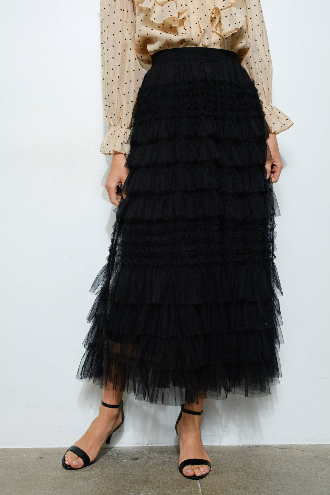 High-Waist Tiered Ruffled Tulle Maxi Skirt