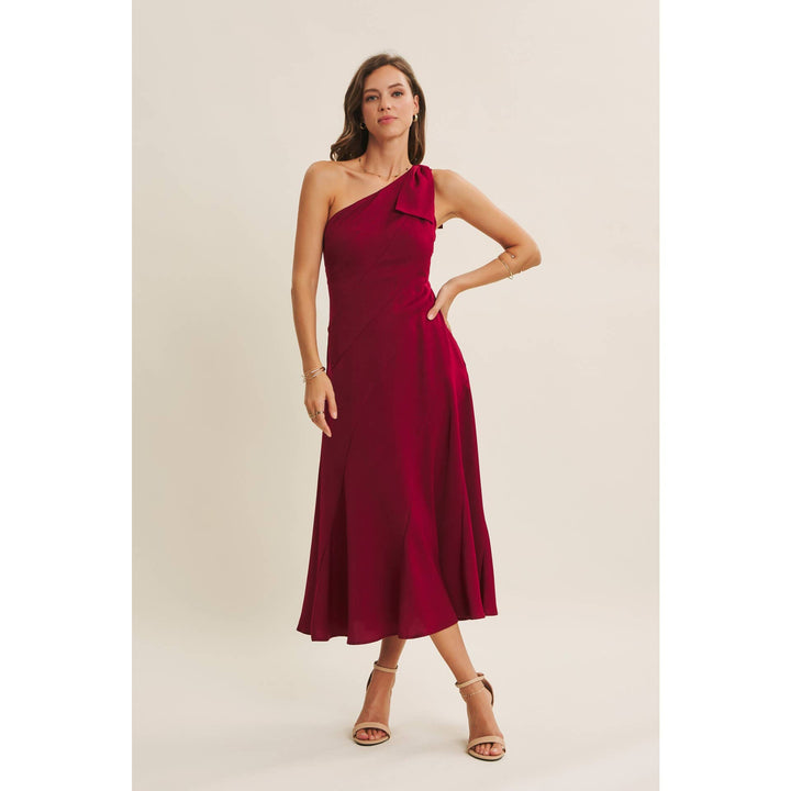 Holiday Glam One-Shoulder Midi Dress with Slanted Seamwork