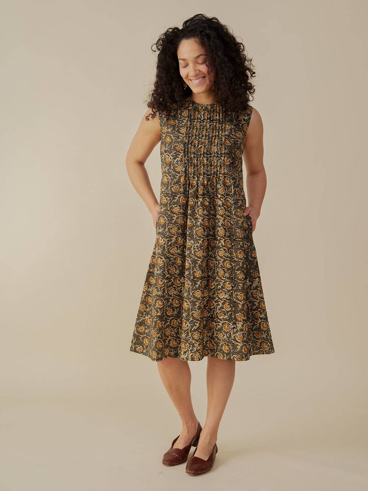 Penny Pintucked Dress Olive Kalamkari