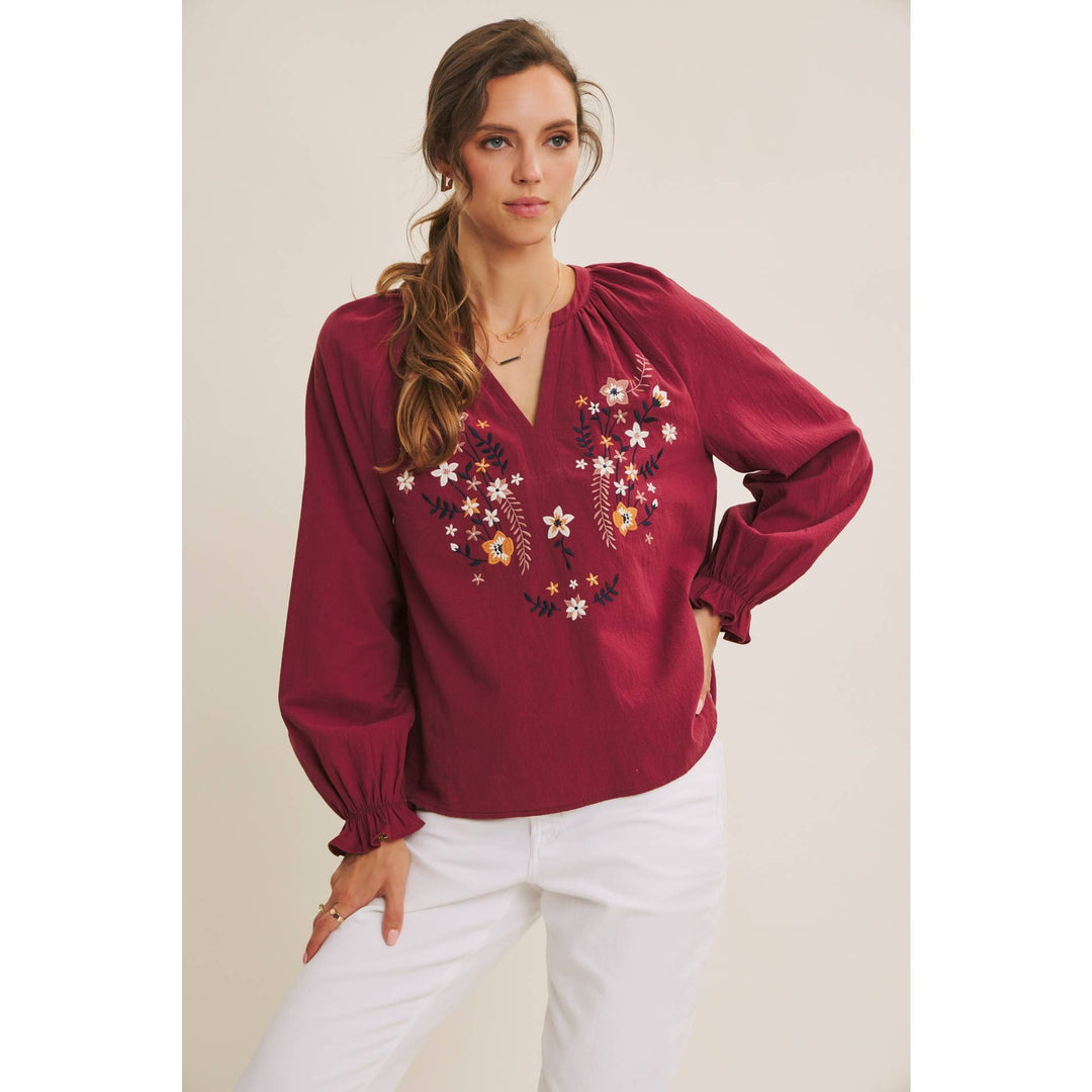 Warmth of Fall Bohemian Embroidered Flare Cotton Blouse Top